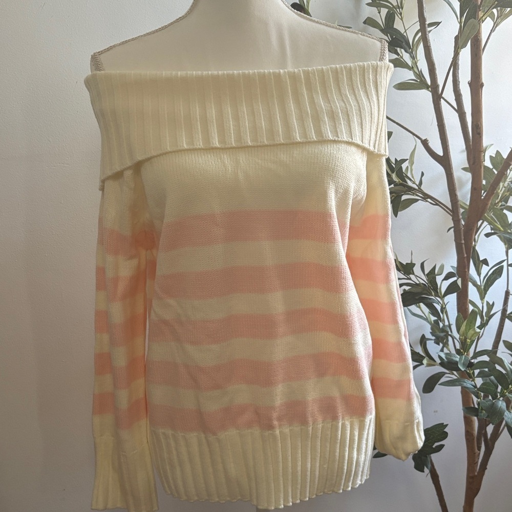 Le Lis Off-Shoulder Sweater in Cream and Pink Stripes